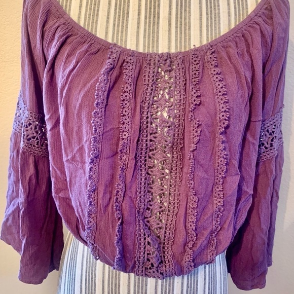Cropped Peasant Top Large Charlotte Russe Plum Purple Crochet Lace Detail Rayon - Picture 2 of 13